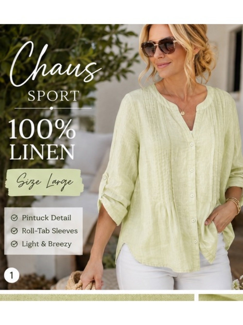 Chaus Sport 100% Linen Blouse Large Green Pintuck Roll Tab Sleeve Button Front